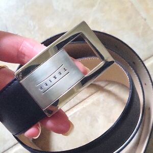 MADE IN ITALY TEXIER Black Leather Belt with Silver Buckle SIZE 44